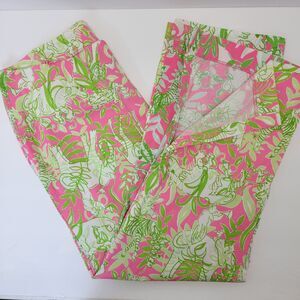 Lilly Pulizer Neon Pink/Green SAFARI PARTY Size Zip Slit Ankle Cotton Pants 8